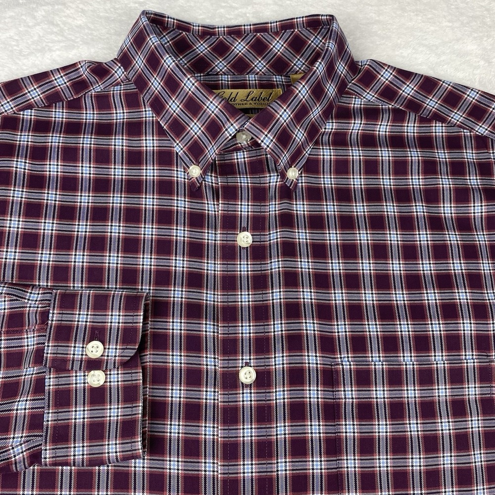 Roundtree & Yorke Gold Label Shirt Mens‎ Large Maroon Plaid Regular Fit No Iron